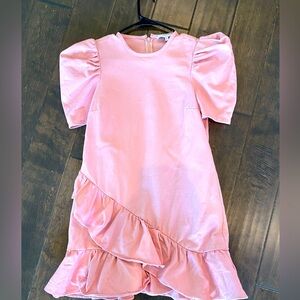 LIKELY pink denim asymmetric ruffle puff sleeve mini dress